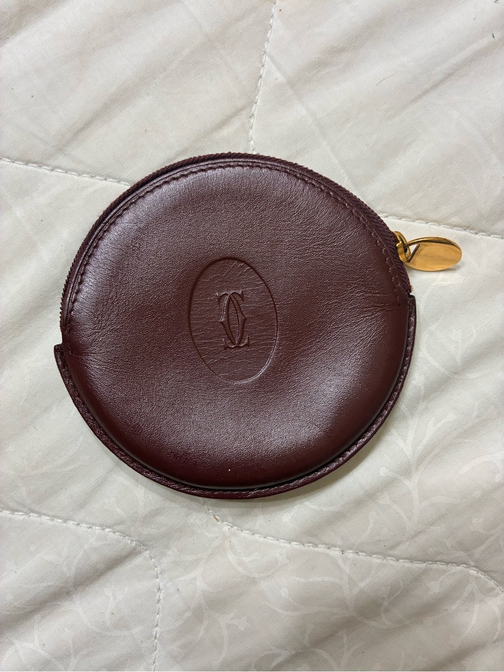 Cartier Burgundy Round Leather Coin & Card Holder with Gold-Tone Zip
